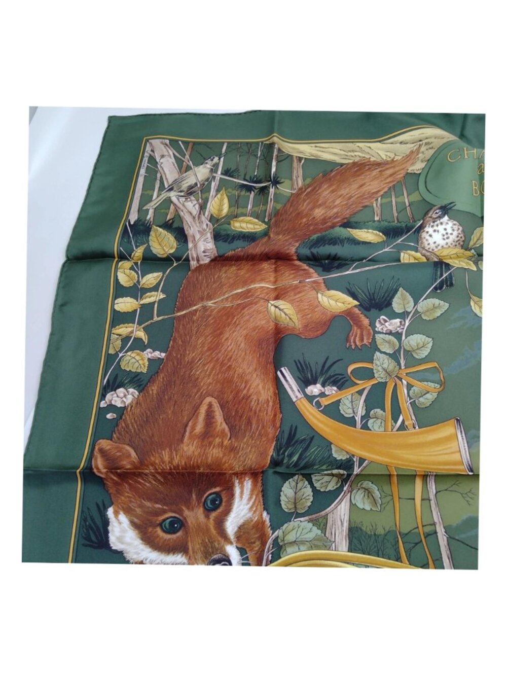 Authentic Hermès Chasse au Bois Carré 90 Silk Scarf Green Hunting Print Made in - Picture 9 of 10